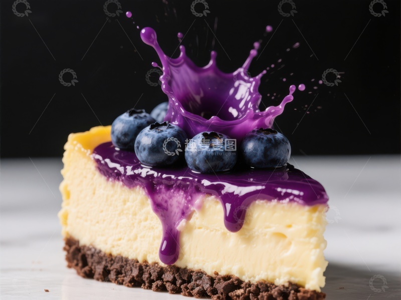 高清大图下载【趣麦麦图】蓝莓芝士蛋糕上的紫色果酱飞溅