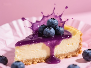 蓝莓芝士蛋糕与紫色酱汁飞溅