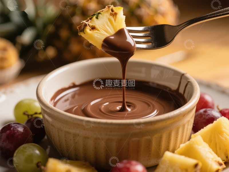 高清大图下载【趣麦麦图】巧克力酱淋菠萝块，水果甜点特写