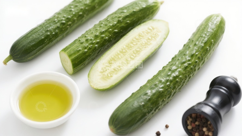 高清大图下载【趣麦麦图】黄瓜与调味料静物展示