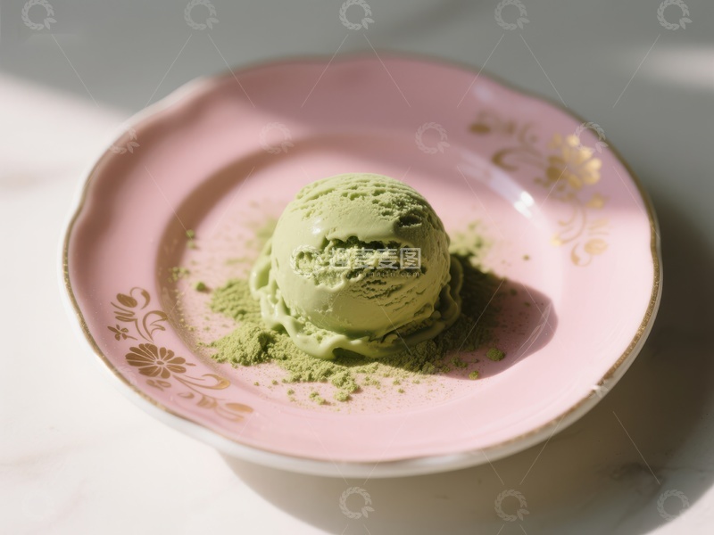 高清大图下载【趣麦麦图】抹茶冰淇淋置于粉色盘中