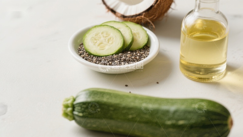 高清大图下载【趣麦麦图】黄瓜、奇亚籽与椰子油的健康食材组合