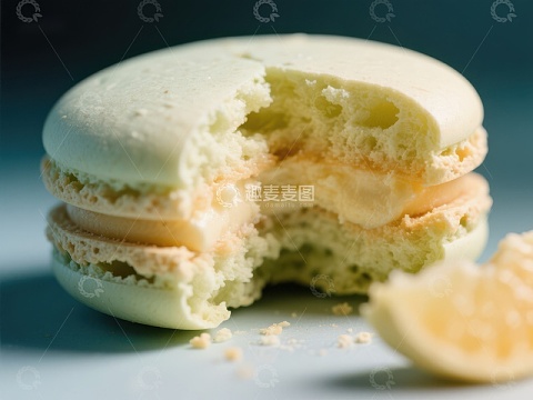咬开的柠檬马卡龙，露出奶油馅料
