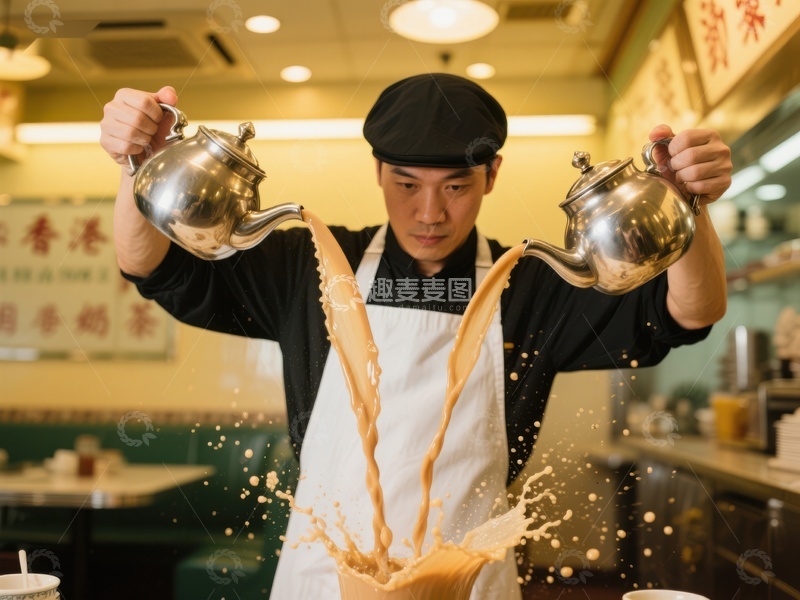 高清大图下载【趣麦麦图】茶艺师双手倾倒奶茶，溅起奶泡