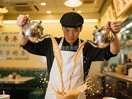茶艺师双手倾倒奶茶，溅起奶泡