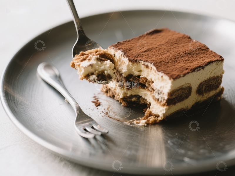 高清大图下载【趣麦麦图】提拉米苏切块，配以叉子和勺子