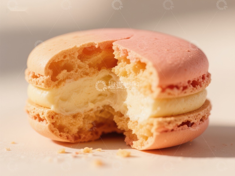 高清大图下载【趣麦麦图】咬开的粉色马卡龙，露出奶油馅料