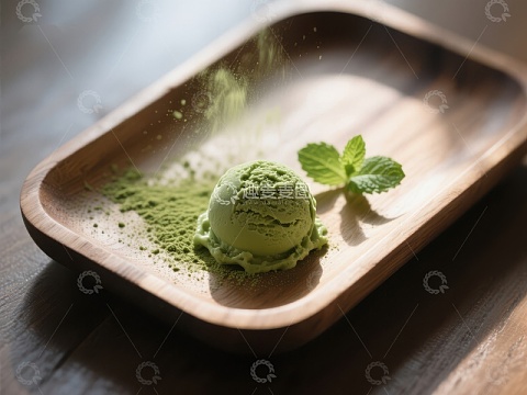 抹茶冰淇淋与薄荷叶的清新组合