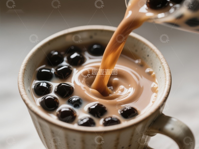 高清大图下载【趣麦麦图】奶茶倒入杯中，珍珠沉浮