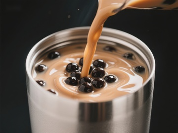 奶茶倒入不锈钢杯