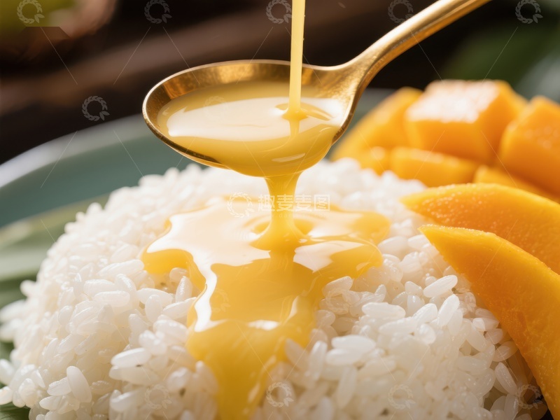 高清大图下载【趣麦麦图】芒果糯米饭浇汁特写