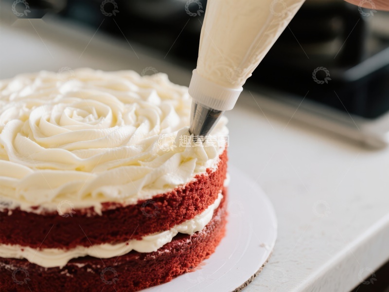 高清大图下载【趣麦麦图】奶油裱花装饰红丝绒蛋糕