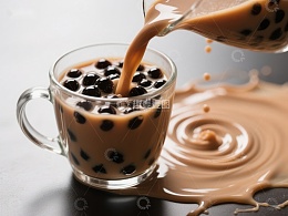 奶茶倒入杯中，珍珠清晰可见