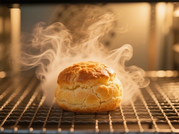 新鲜出炉的金黄色面包冒着热气