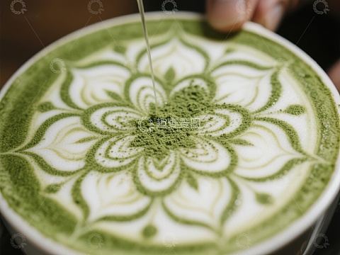 抹茶拿铁上的精美花卉拉花艺术