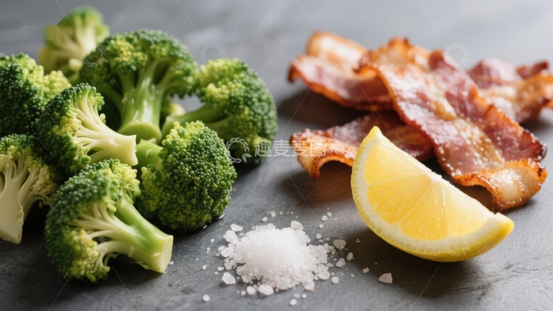 高清大图下载【趣麦麦图】西兰花培根柠檬盐组合