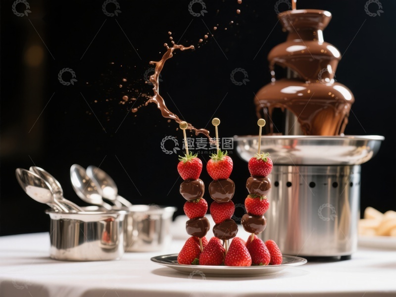 高清大图下载【趣麦麦图】巧克力喷泉与草莓串