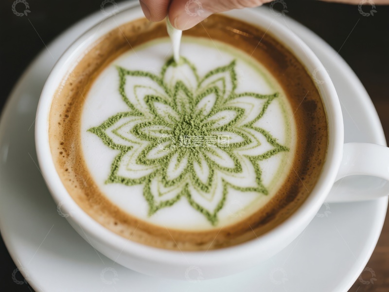 高清大图下载【趣麦麦图】咖啡杯中的绿色花卉拉花艺术