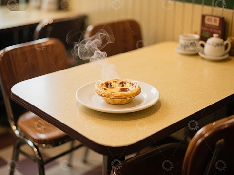 热腾腾的蛋挞在复古餐桌