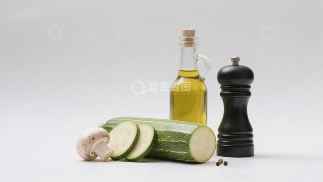 黄瓜、橄榄油与调味品静物