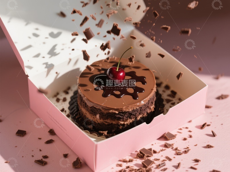 高清大图下载【趣麦麦图】巧克力蛋糕配樱桃，碎屑飞溅