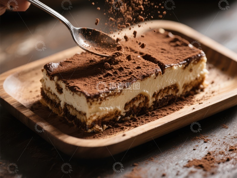 高清大图下载【趣麦麦图】提拉米苏切块，撒上可可粉