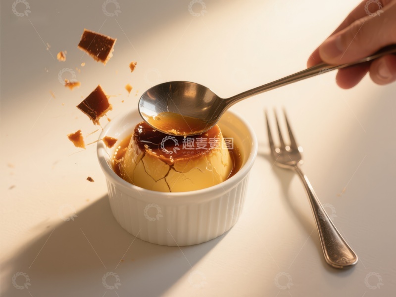 高清大图下载【趣麦麦图】勺子敲击焦糖布丁瞬间