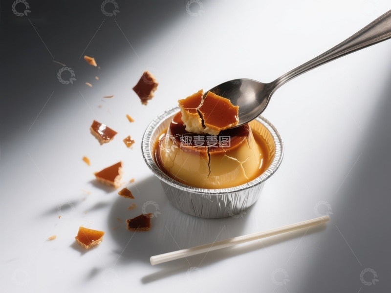 高清大图下载【趣麦麦图】勺子轻敲焦糖布丁，甜蜜瞬间