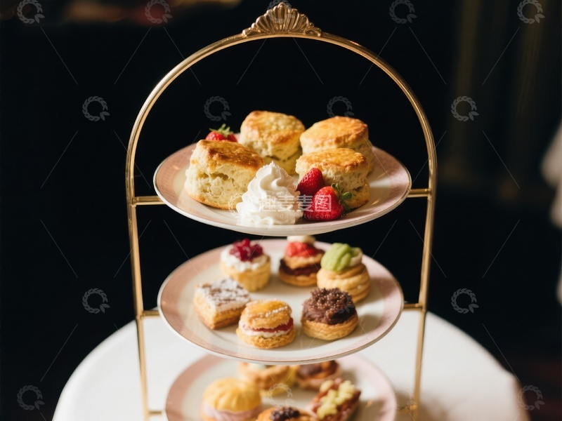 高清大图下载【趣麦麦图】三层架上的精致下午茶点心