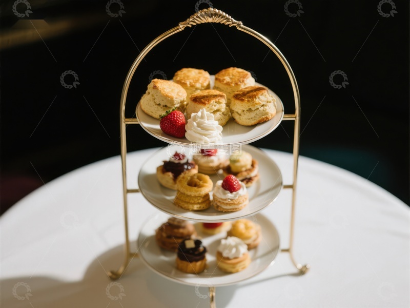 高清大图下载【趣麦麦图】三层架上的精致下午茶点心