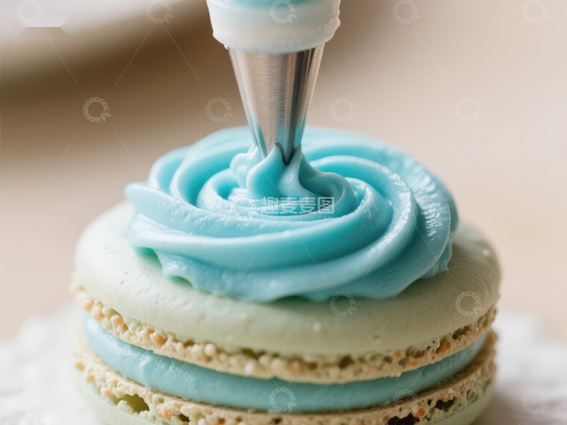 高清大图下载【趣麦麦图】蓝色奶油挤在马卡龙上的特写