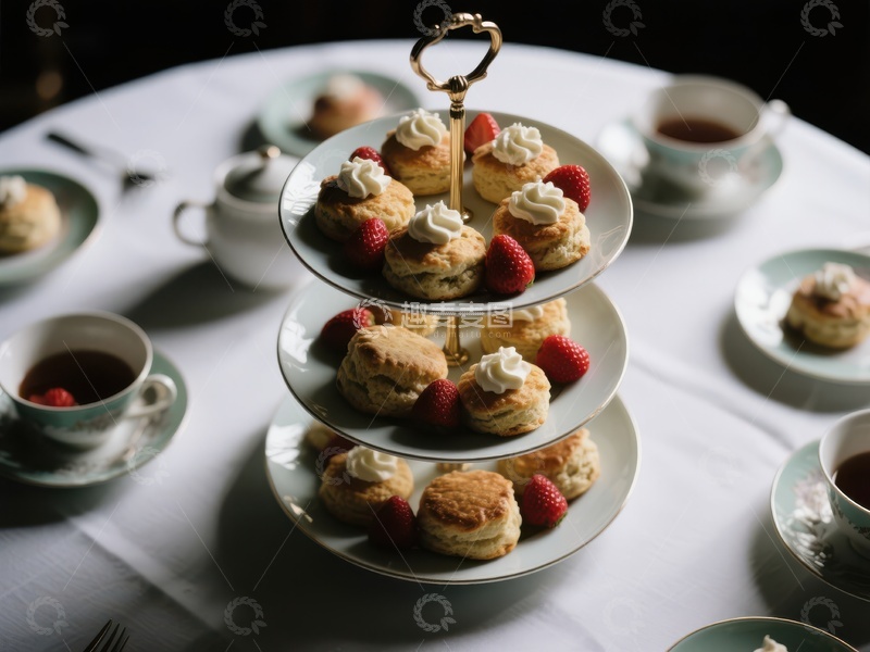 高清大图下载【趣麦麦图】三层架上的精致下午茶点心