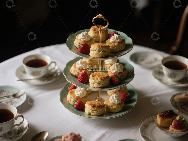 高清大图下载【趣麦麦图】三层架上的精致下午茶点心