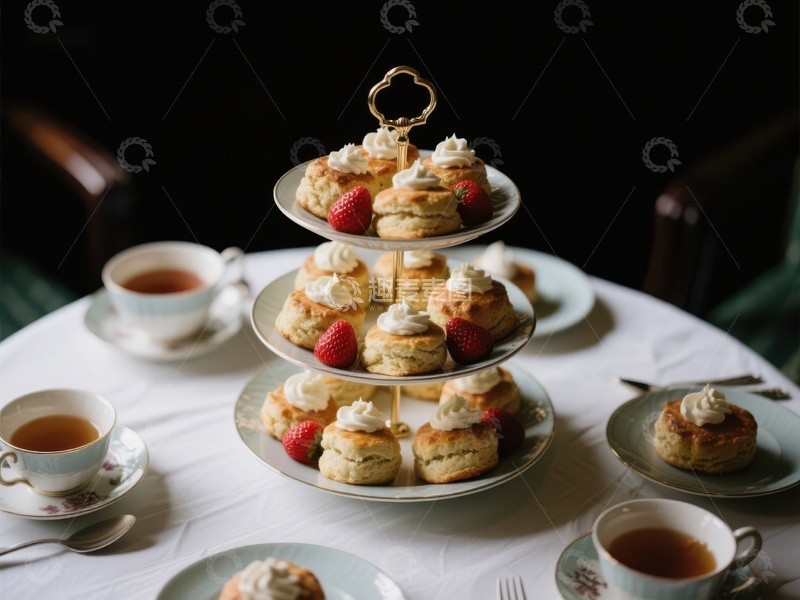高清大图下载【趣麦麦图】三层架上的精致下午茶点心