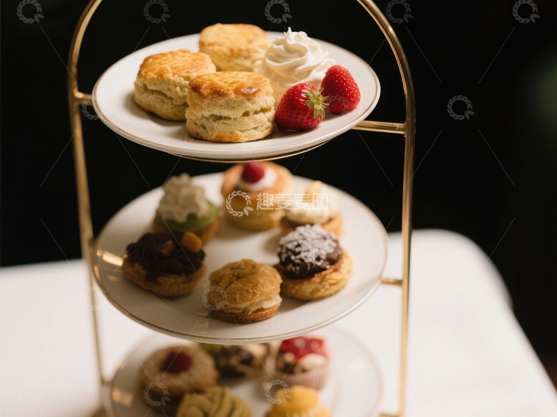 高清大图下载【趣麦麦图】三层点心架上的精致甜品