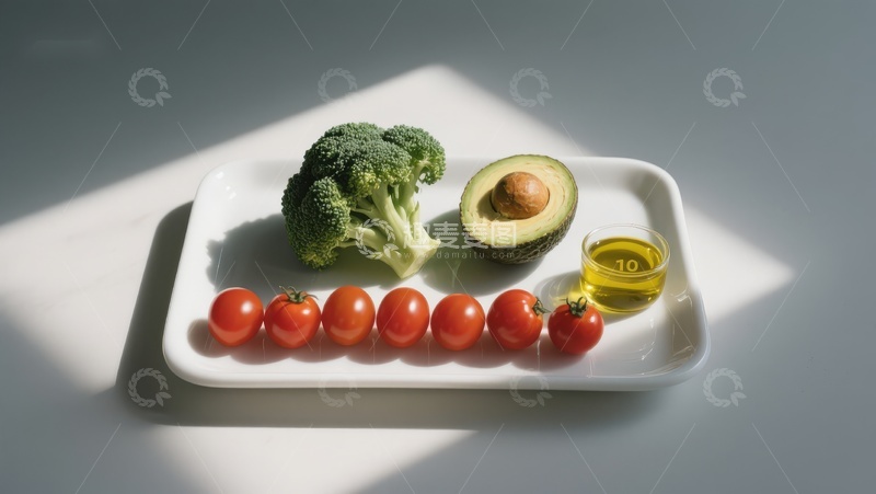 高清大图下载【趣麦麦图】盘中新鲜蔬菜与橄榄油
