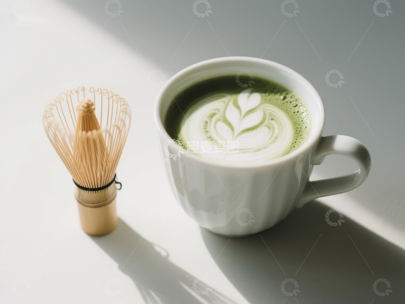 高清大图下载【趣麦麦图】抹茶拿铁与竹筅静置光影中