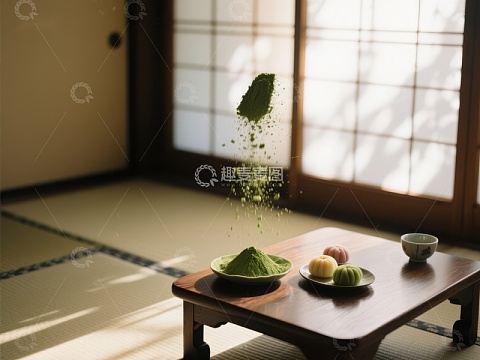 抹茶粉末飞扬的宁静日式茶室