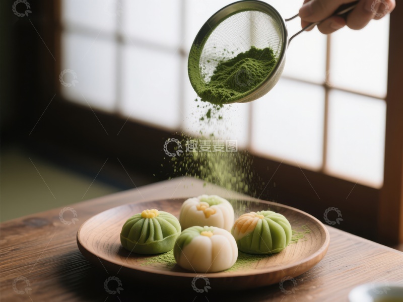 高清大图下载【趣麦麦图】抹茶粉撒在点心上的瞬间