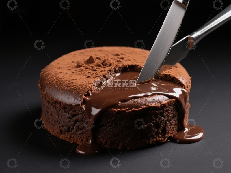 高清大图下载【趣麦麦图】巧克力蛋糕切开，浓郁酱汁流淌