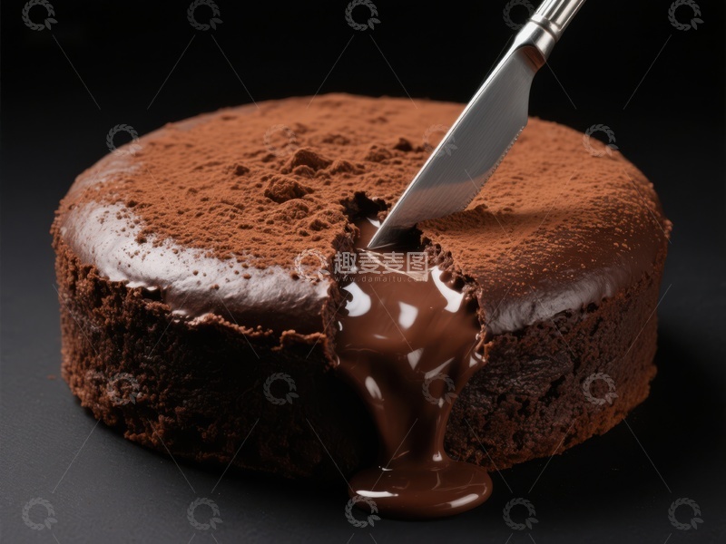 高清大图下载【趣麦麦图】巧克力蛋糕切开，浓郁酱料流出