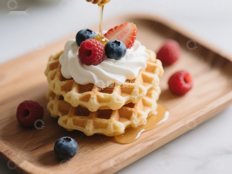 高清大图下载【趣麦麦图】蜂蜜淋洒在水果奶油华夫饼上