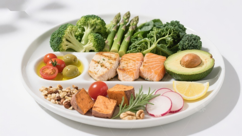 高清大图下载【趣麦麦图】健康餐盘搭配蔬菜与三文鱼