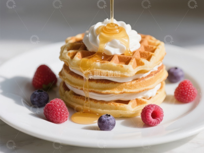 高清大图下载【趣麦麦图】蜂蜜浇灌的华夫饼配奶油和水果
