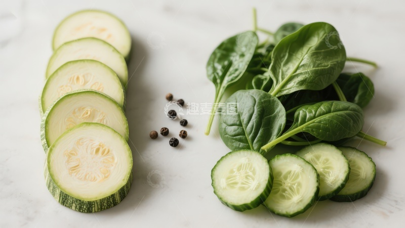 高清大图下载【趣麦麦图】黄瓜片与菠菜的静物摆拍