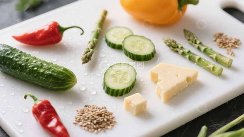 高清大图下载【趣麦麦图】切菜板上的新鲜蔬菜与奶酪