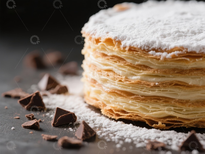 高清大图下载【趣麦麦图】撒满糖粉的千层酥与巧克力碎片