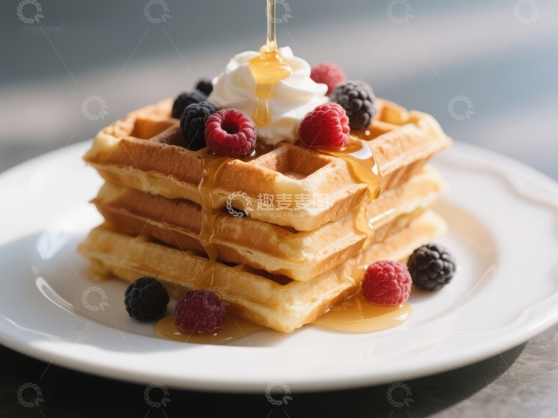 高清大图下载【趣麦麦图】蜂蜜淋洒在堆叠的松饼上