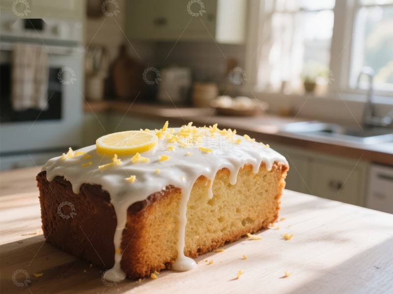 高清大图下载【趣麦麦图】柠檬蛋糕配糖霜，厨房背景