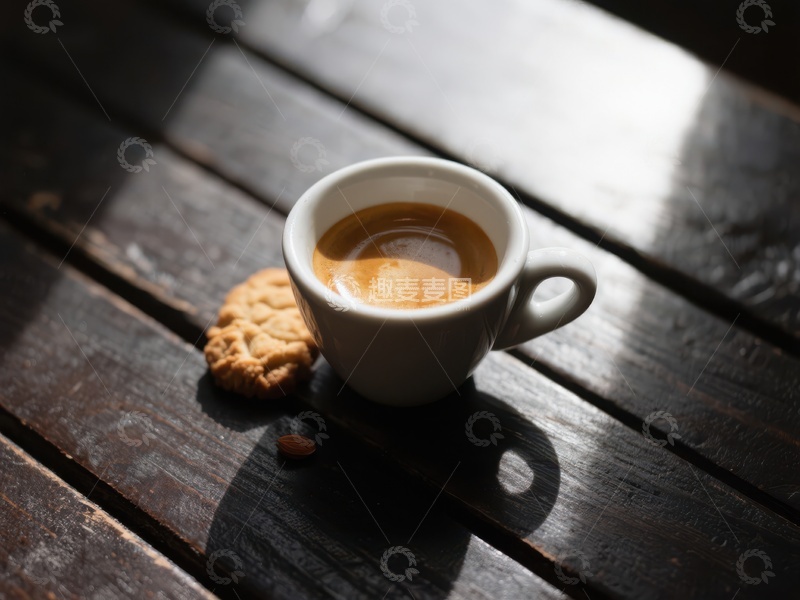 高清大图下载【趣麦麦图】咖啡杯与饼干置于木质桌面
